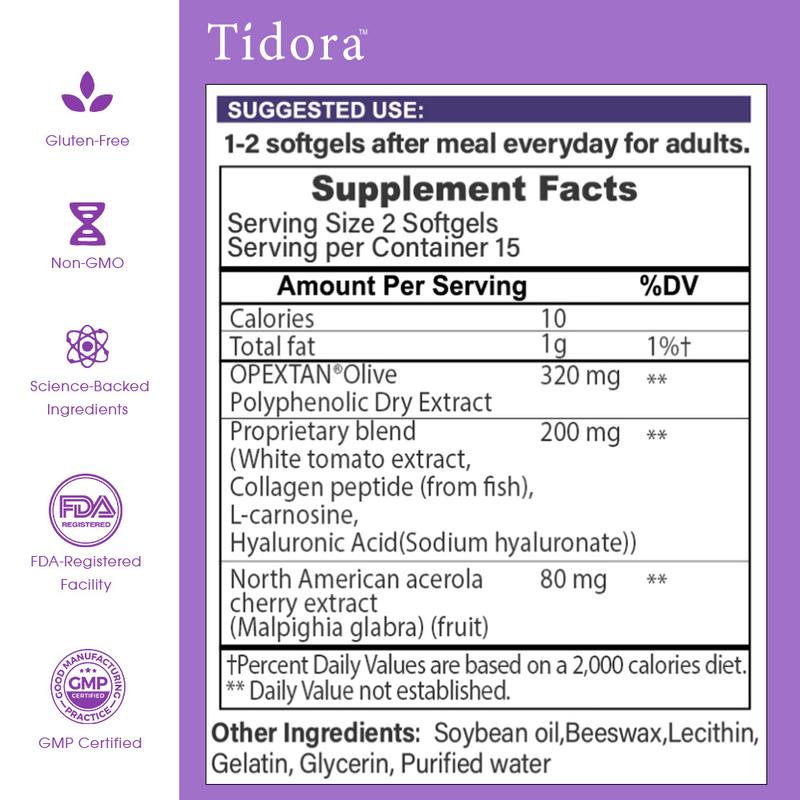 Tidora Anti-Aging&Anti-Sugar Collagen Peptide Capsules – Wrinkle Reduction, Skin Hydration & Firming | With Vitamin Supplementation+ Patented Olive Extract | 30 Softgels for Beauty
