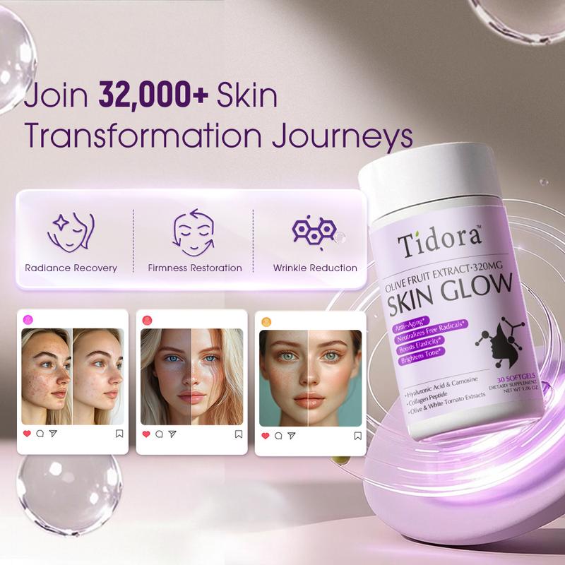Tidora Anti-Aging&Anti-Sugar Collagen Peptide Capsules – Wrinkle Reduction, Skin Hydration & Firming | With Vitamin Supplementation+ Patented Olive Extract | 30 Softgels for Beauty