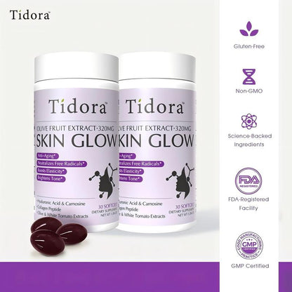 Tidora Anti-Aging&Anti-Sugar Collagen Peptide Capsules – Wrinkle Reduction, Skin Hydration & Firming | With Vitamin Supplementation+ Patented Olive Extract | 30 Softgels for Beauty