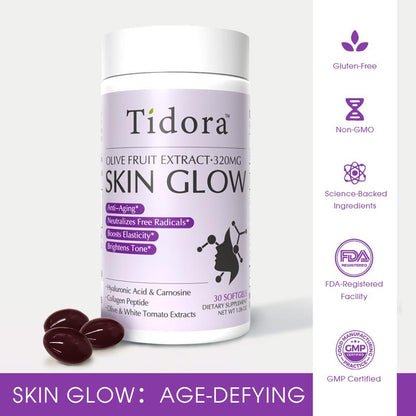 Tidora Anti-Aging&Anti-Sugar Collagen Peptide Capsules – Wrinkle Reduction, Skin Hydration & Firming | With Vitamin Supplementation+ Patented Olive Extract | 30 Softgels for Beauty