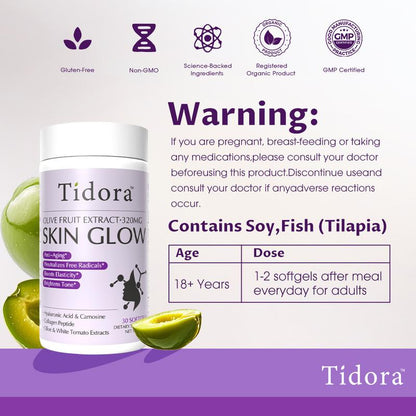Tidora Anti-Aging&Anti-Sugar Collagen Peptide Capsules – Wrinkle Reduction, Skin Hydration & Firming | With Vitamin Supplementation+ Patented Olive Extract | 30 Softgels for Beauty
